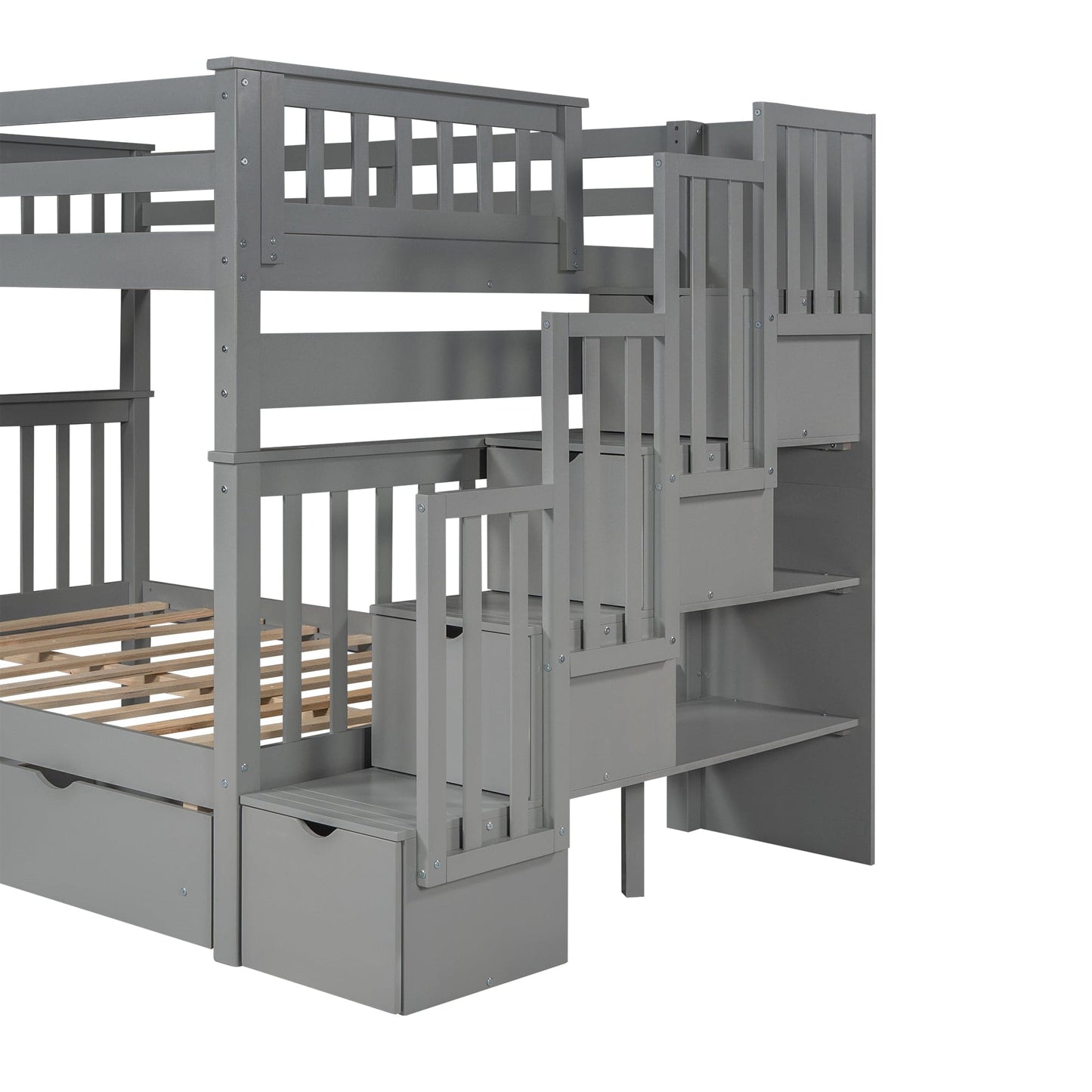 Lucky Furniture Full Bed Frame Full Over Full Gray Bunk Bed with Shelves, 6 Storage Drawers, and Solid Wood Frame