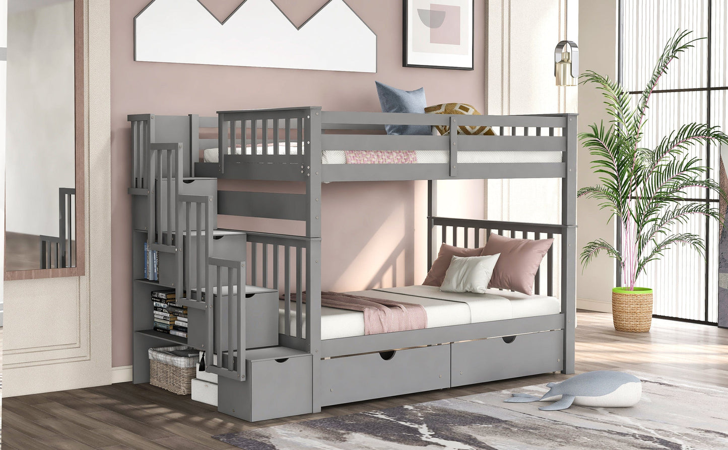 Lucky Furniture Full Bed Frame Full Over Full Gray Bunk Bed with Shelves, 6 Storage Drawers, and Solid Wood Frame