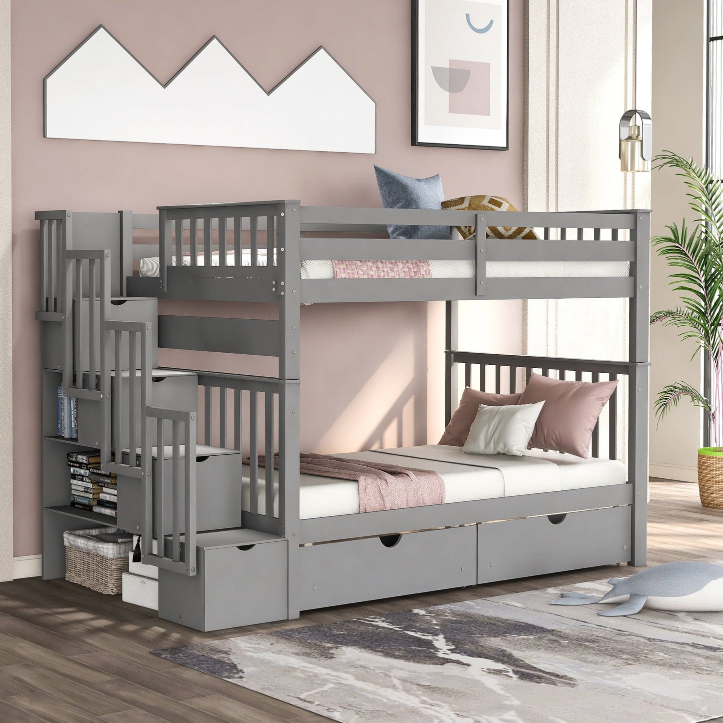 Lucky Furniture Full Bed Frame Full Over Full Gray Bunk Bed with Shelves, 6 Storage Drawers, and Solid Wood Frame