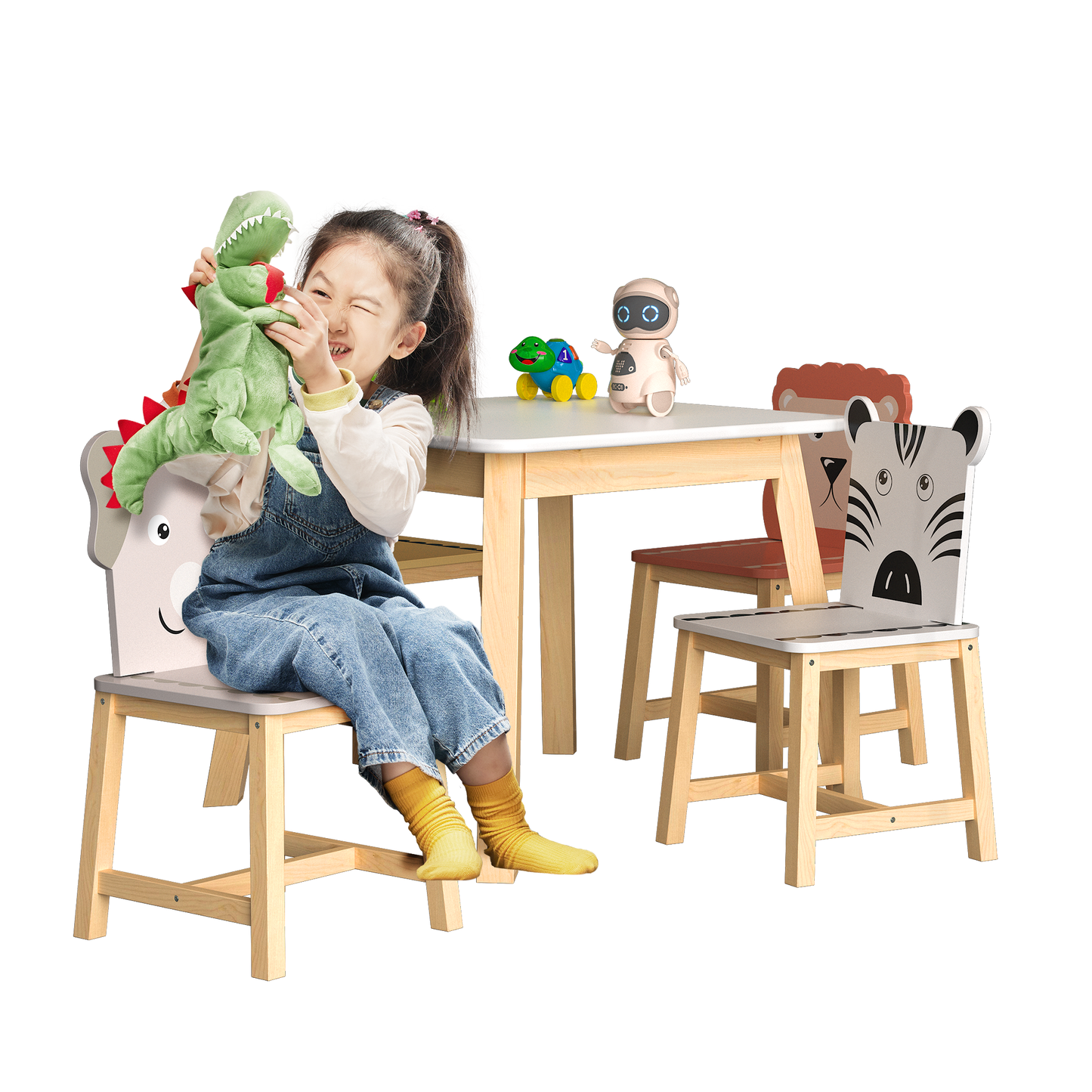 MOONRIVER Kid's Table and Chairs 5 Piece Kiddy Table and Chair Set , Kids Wood Table with 4 Chairs Set Cartoon Animals (bigger table)（3-8 years old）