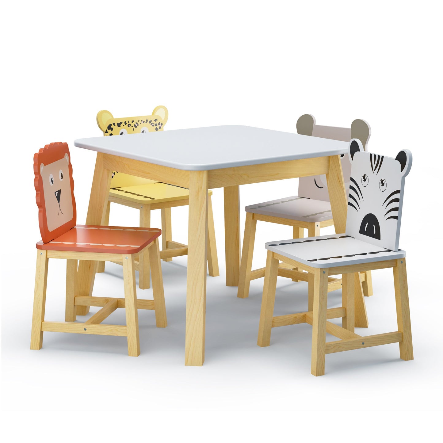 MOONRIVER Kid's Table and Chairs 5 Piece Kiddy Table and Chair Set , Kids Wood Table with 4 Chairs Set Cartoon Animals (bigger table)（3-8 years old）