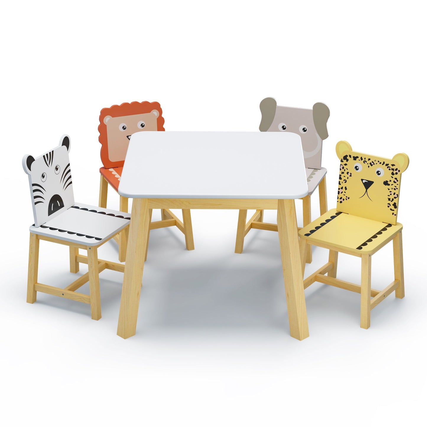 MOONRIVER Kid's Table and Chairs 5 Piece Kiddy Table and Chair Set , Kids Wood Table with 4 Chairs Set Cartoon Animals (bigger table)（3-8 years old）