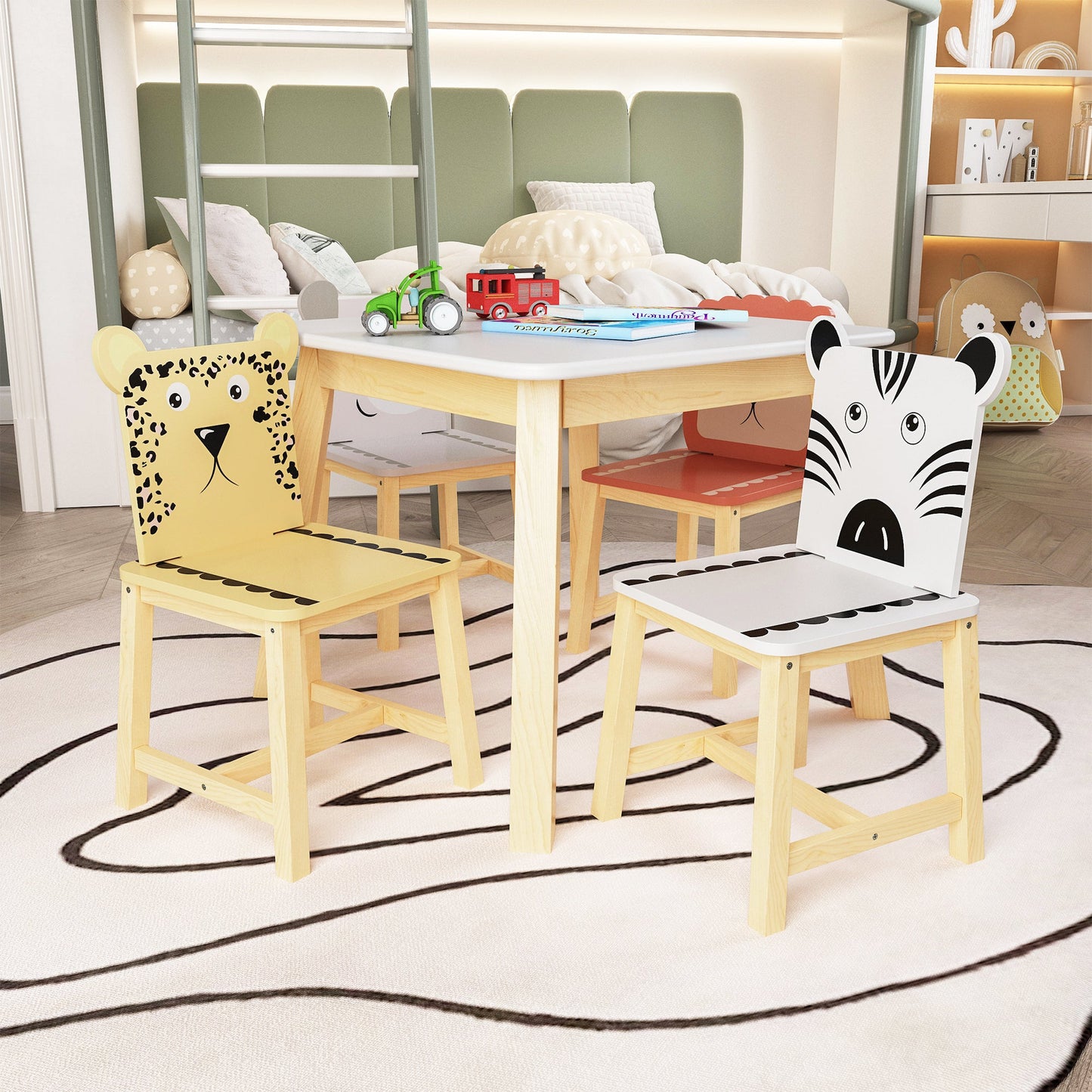 MOONRIVER Kid's Table and Chairs 5 Piece Kiddy Table and Chair Set , Kids Wood Table with 4 Chairs Set Cartoon Animals (bigger table)（3-8 years old）