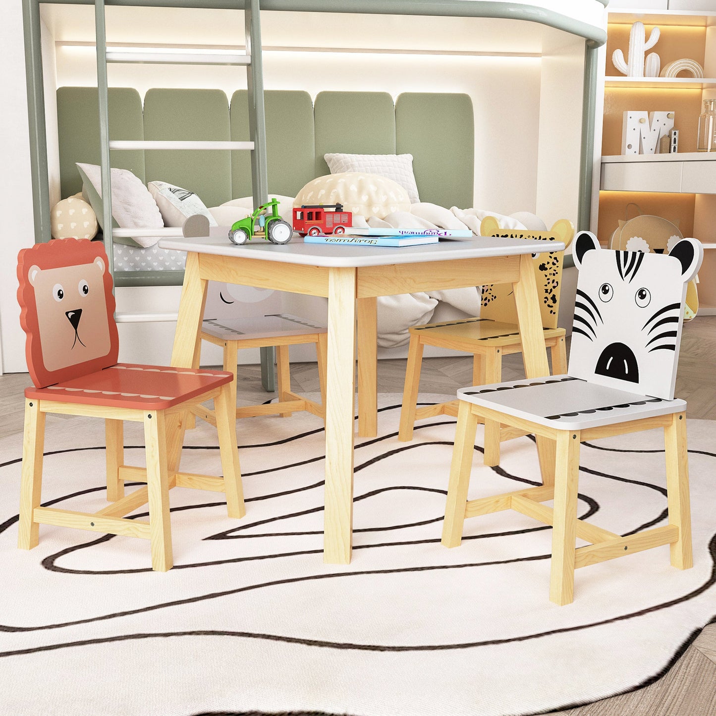 MOONRIVER Kid's Table and Chairs 5 Piece Kiddy Table and Chair Set , Kids Wood Table with 4 Chairs Set Cartoon Animals (bigger table)（3-8 years old）