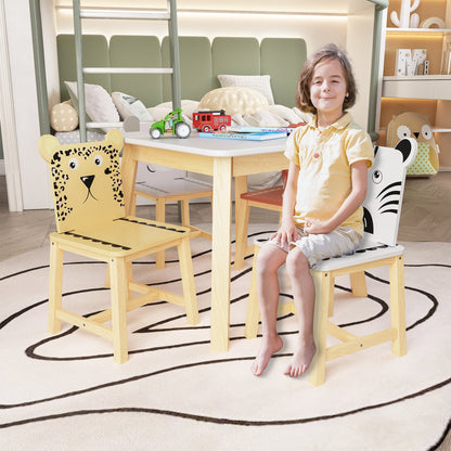 MOONRIVER Kid's Table and Chairs 5 Piece Kiddy Table and Chair Set , Kids Wood Table with 4 Chairs Set Cartoon Animals (bigger table)（3-8 years old）