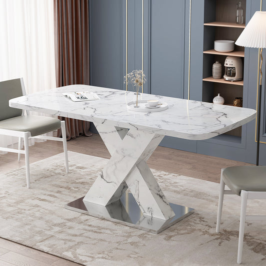 SpriBung Furniture Modern Square Dining Table, Stretchable, faux white Marble Tabletop + MDF X-Shape Table Leg with Metal Base