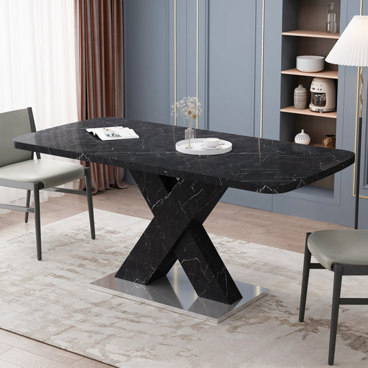 SpriBung Furniture Modern Square Dining Table,Stretchable,Printed Black Marble Table Top+MDF X-Shape Table Leg with Metal Base