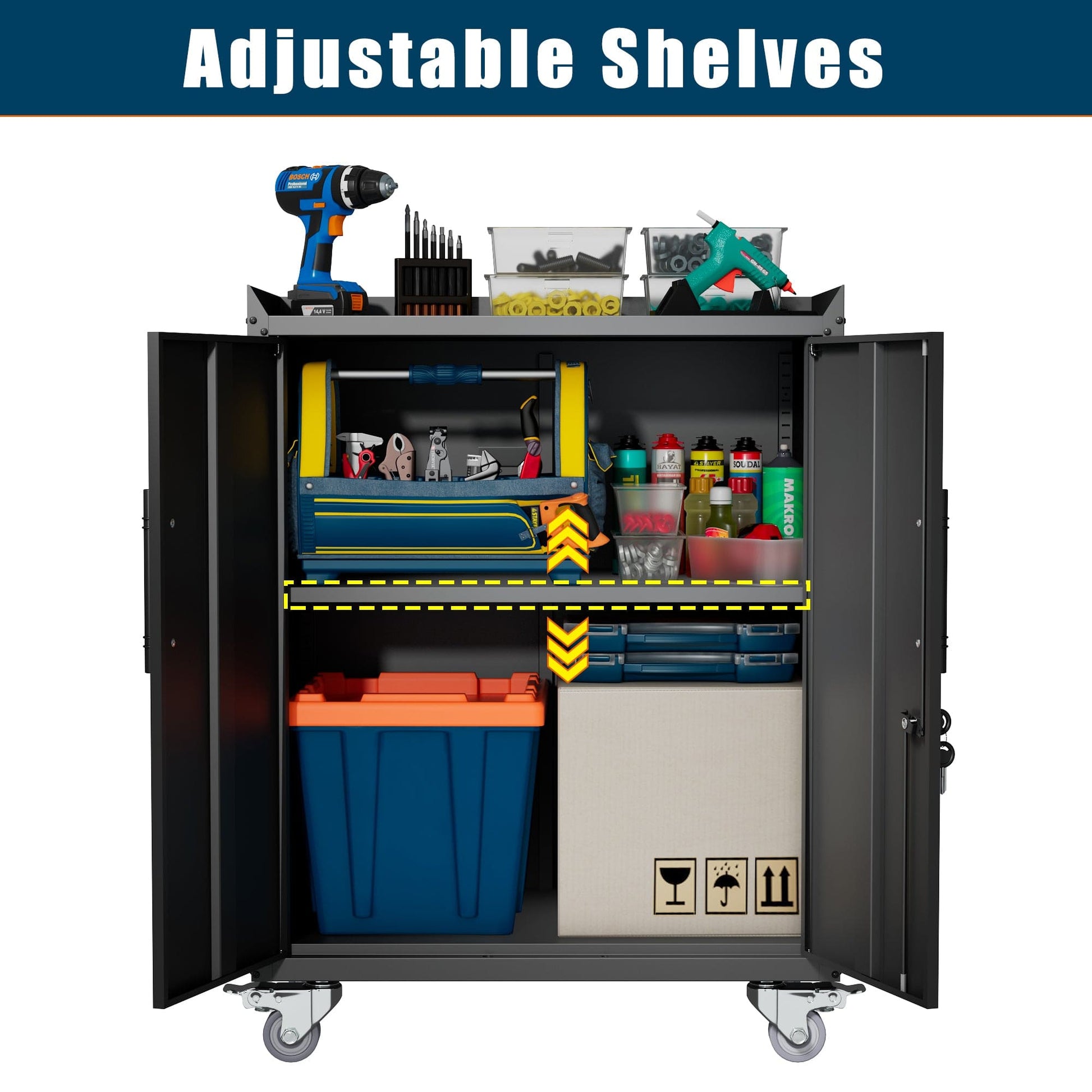 T & J Home Trends 2 Door Tool Cabinets for Garage, Lockable Garage Storage Cabinet, Locking Metal Storage Cabinet with Wheels, Rolling Tool Chest, Assembly Required H34*W30.3*D18