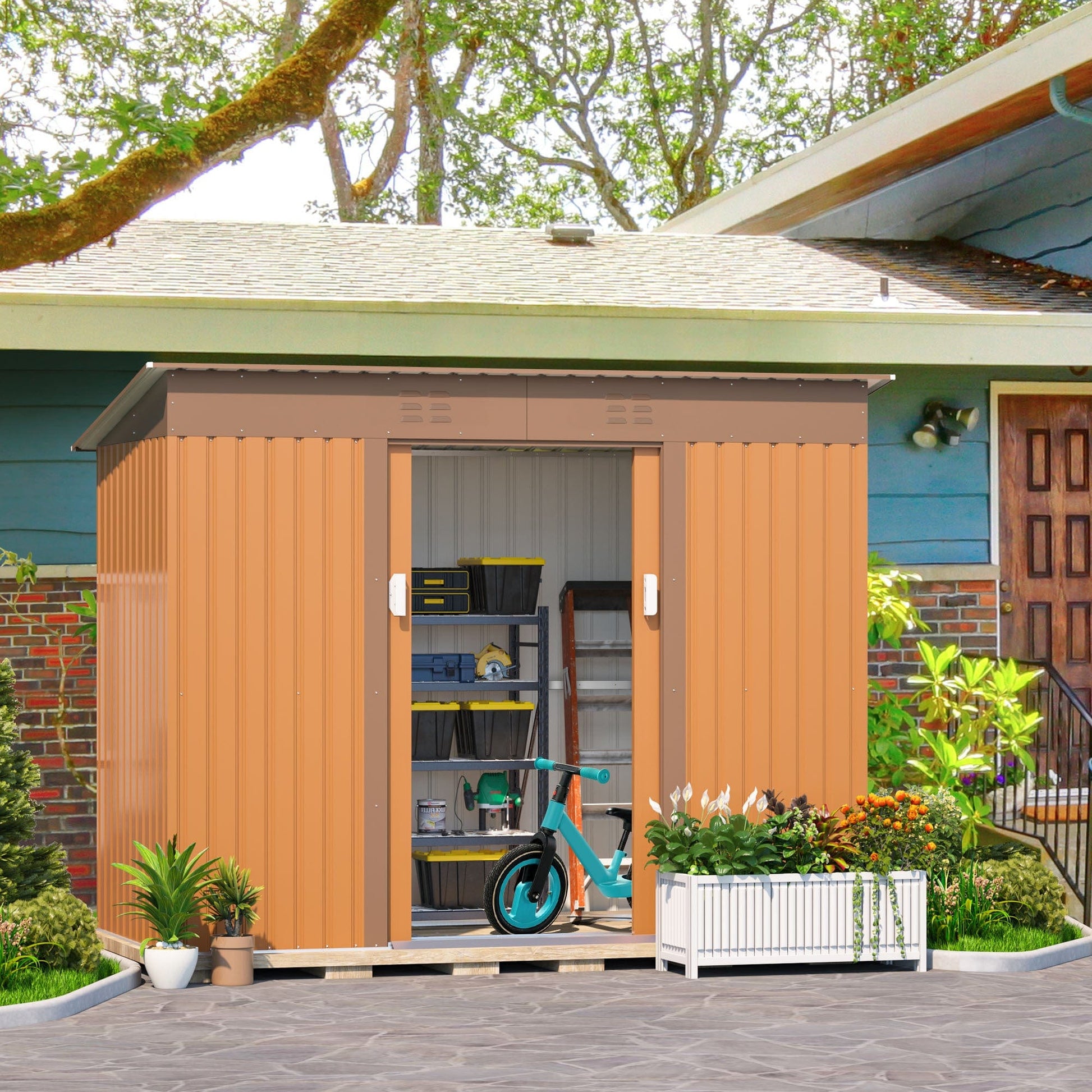 T & J Home Trends 4.2 x 9.1 Ft Outdoor Storage Shed, Metal Tool Shed with Lockable Doors Vents, Utility Garden Shed for Patio Lawn Backyard,Brown