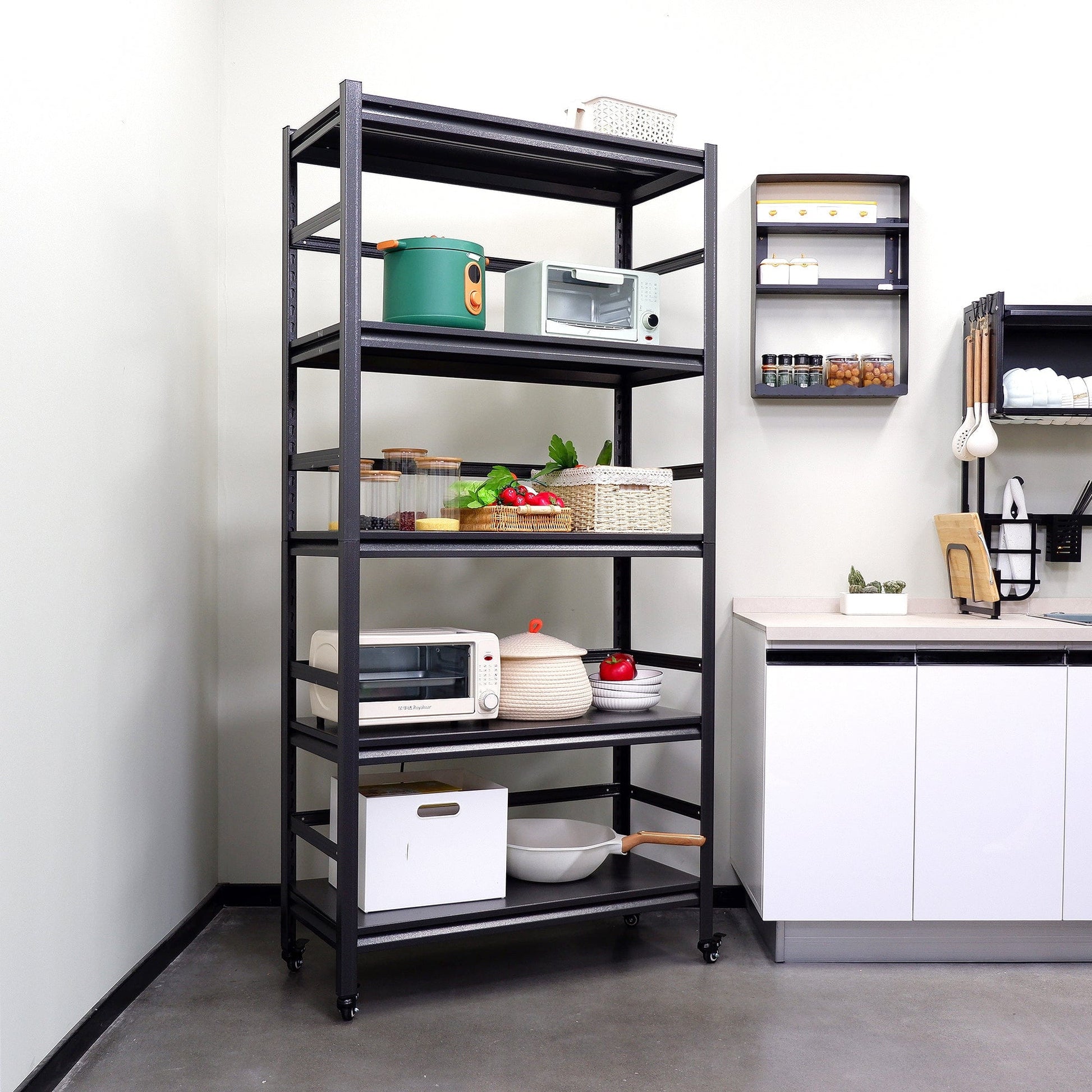 T & J Home Trends 63"H Storage Shelves - Heavy Duty Metal Shelving Unit Adjustable 5-Tier Pantry Shelves with Wheels Load 2000LBS Kitchen Shelf Garage Storage