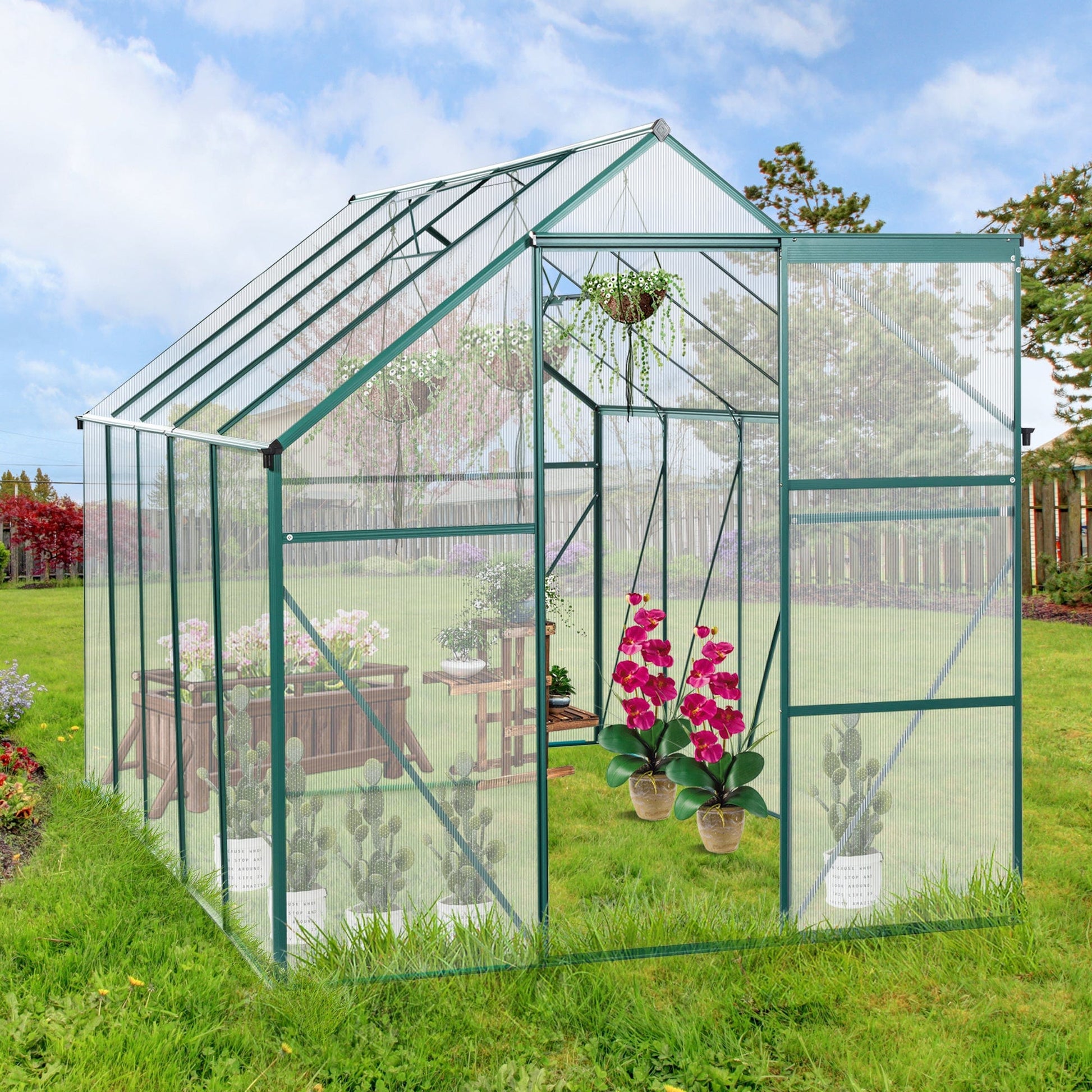 T & J Home Trends 6X10FT Polycarbonate Greenhouse Raised Base and Anchor Aluminum Heavy Duty Walk-in Greenhouses for Outdoor Backyard in All Season