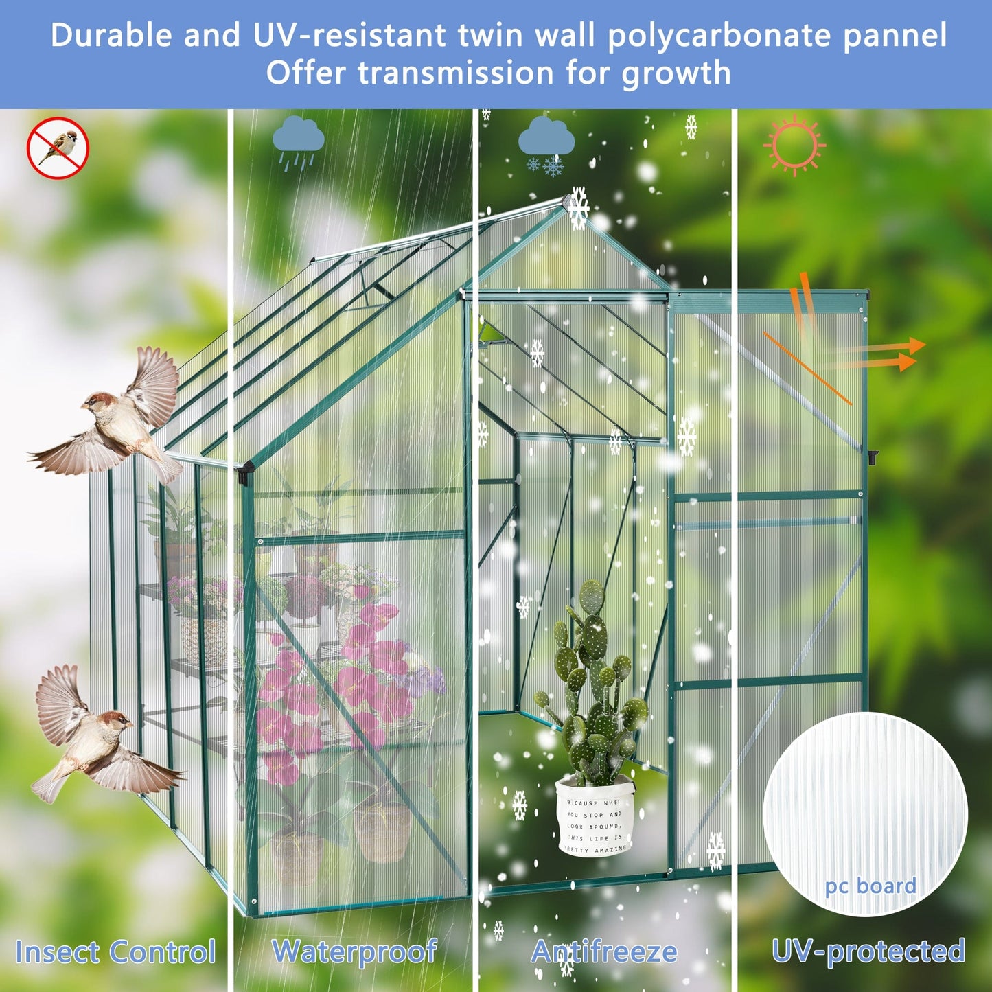 T & J Home Trends 6X10FT Polycarbonate Greenhouse Raised Base and Anchor Aluminum Heavy Duty Walk-in Greenhouses for Outdoor Backyard in All Season