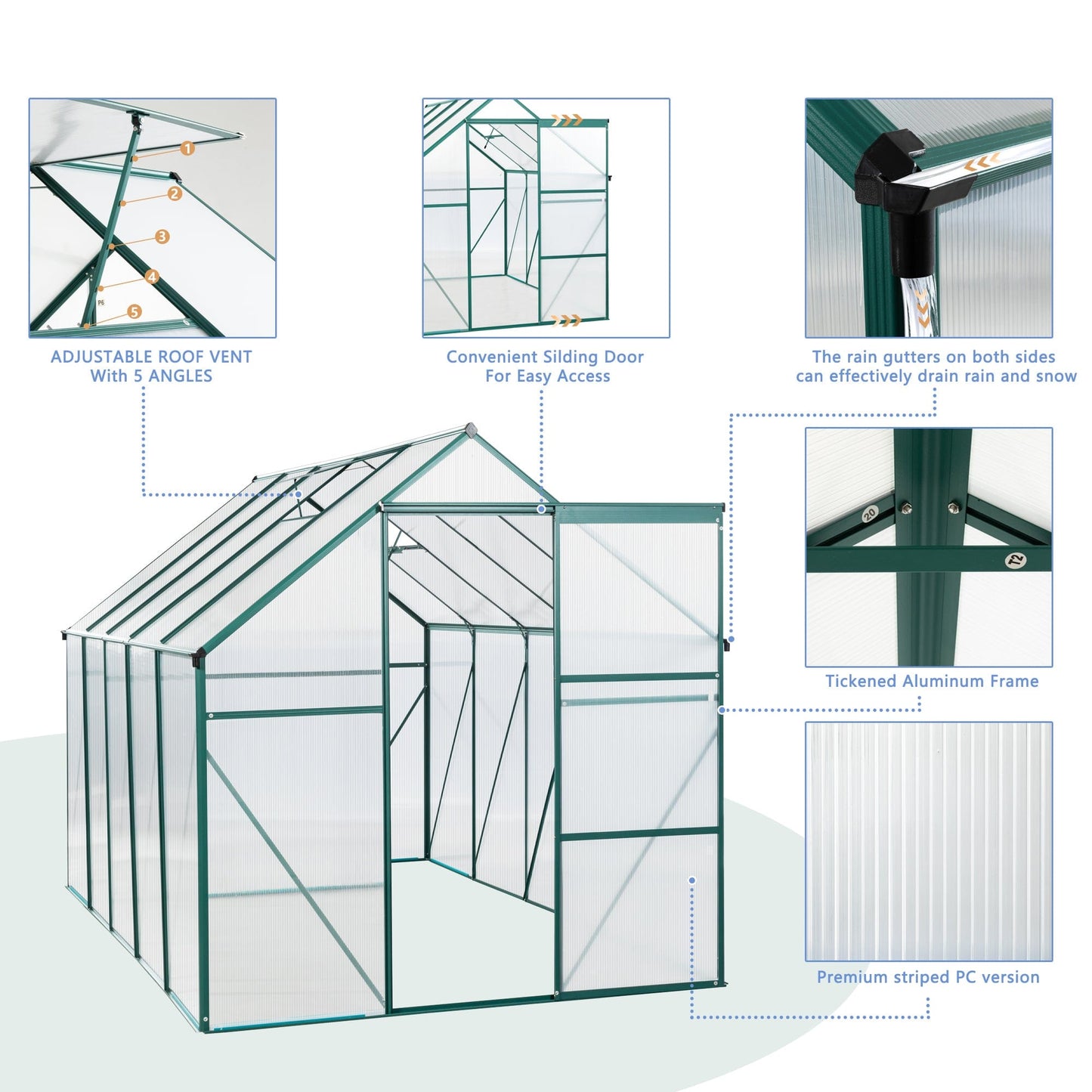 T & J Home Trends 6X10FT Polycarbonate Greenhouse Raised Base and Anchor Aluminum Heavy Duty Walk-in Greenhouses for Outdoor Backyard in All Season