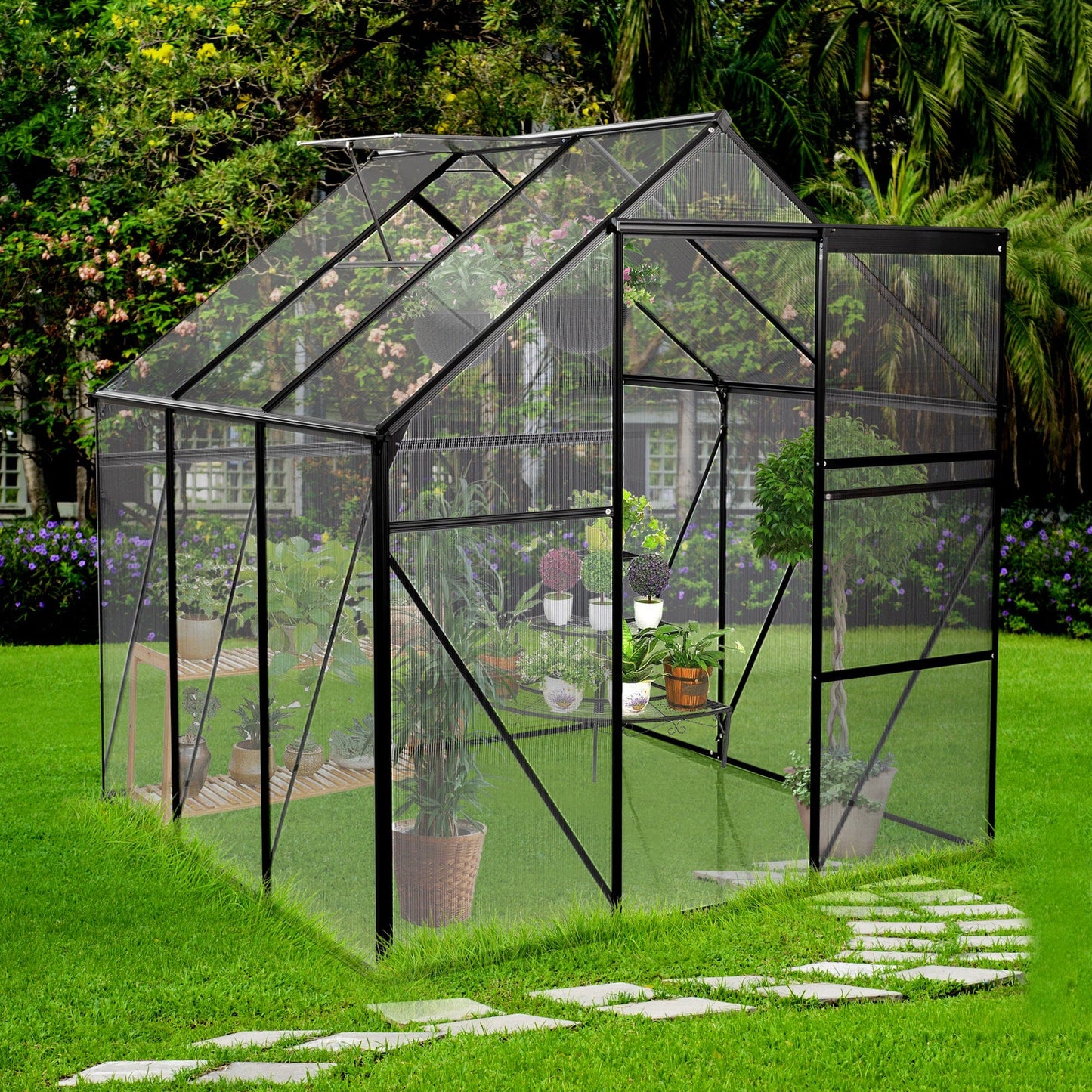 T & J Home Trends 6X6FT-BLACK Polycarbonate Greenhouse Raised Base and Anchor Aluminum Heavy Duty Walk-in Greenhouses for Outdoor Backyard in All Season (W540S00002)