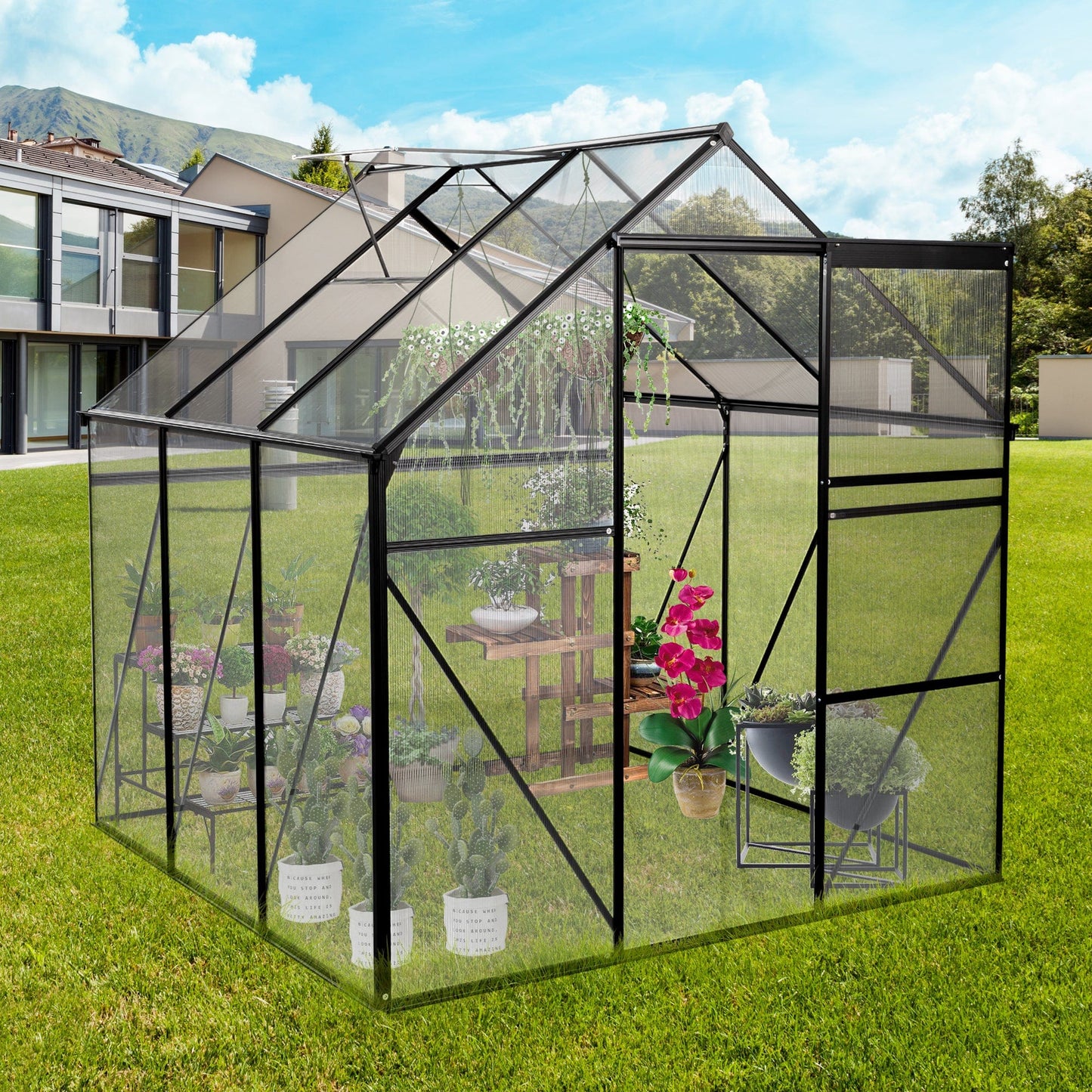 T & J Home Trends 6X6FT-BLACK Polycarbonate Greenhouse Raised Base and Anchor Aluminum Heavy Duty Walk-in Greenhouses for Outdoor Backyard in All Season (W540S00002)