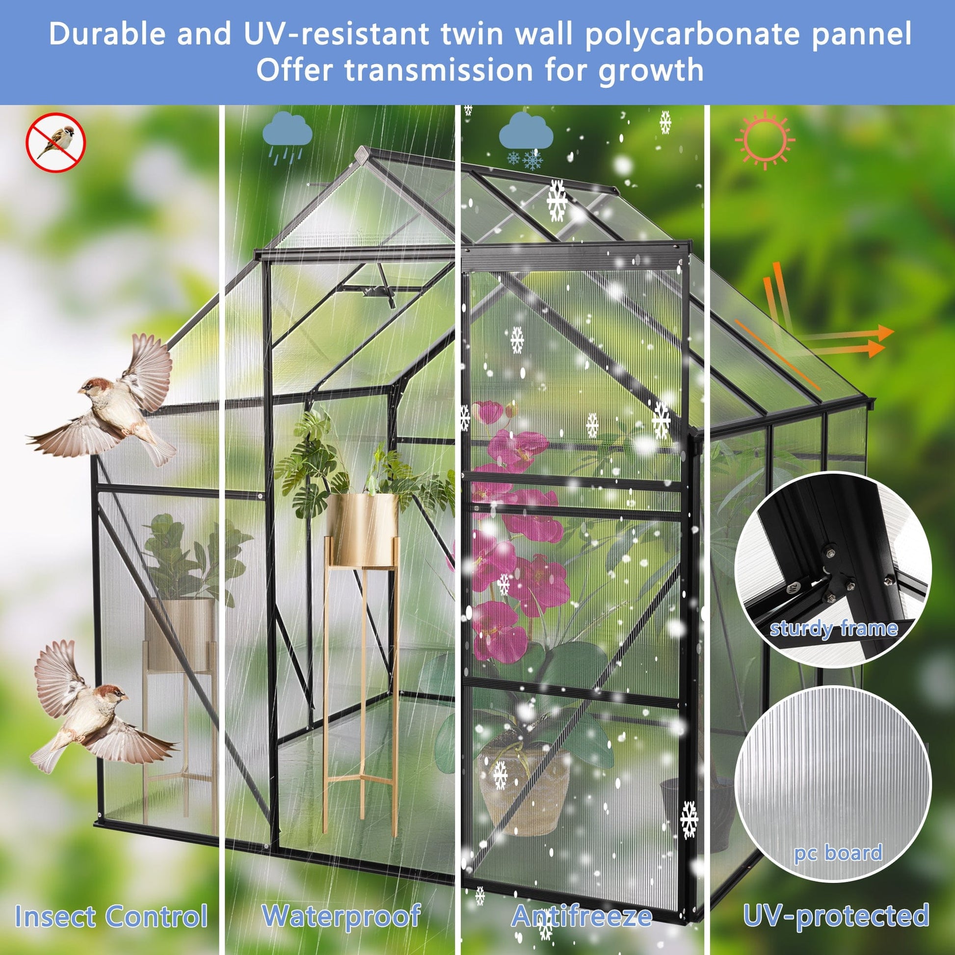 T & J Home Trends 6X6FT-BLACK Polycarbonate Greenhouse Raised Base and Anchor Aluminum Heavy Duty Walk-in Greenhouses for Outdoor Backyard in All Season (W540S00002)