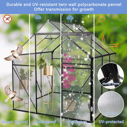 T & J Home Trends 6X6FT-BLACK Polycarbonate Greenhouse Raised Base and Anchor Aluminum Heavy Duty Walk-in Greenhouses for Outdoor Backyard in All Season (W540S00002)