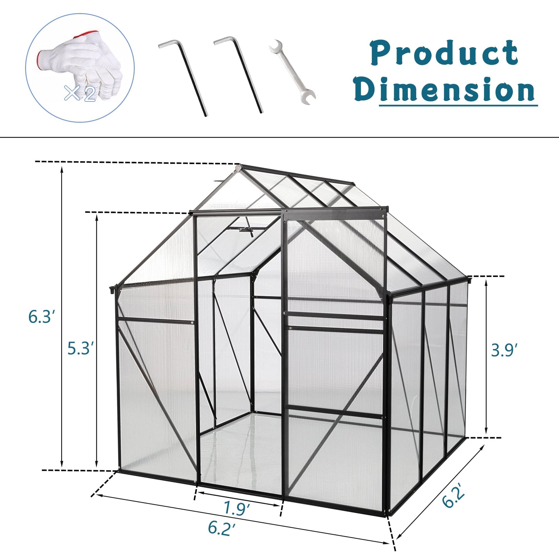 T & J Home Trends 6X6FT-BLACK Polycarbonate Greenhouse Raised Base and Anchor Aluminum Heavy Duty Walk-in Greenhouses for Outdoor Backyard in All Season (W540S00002)