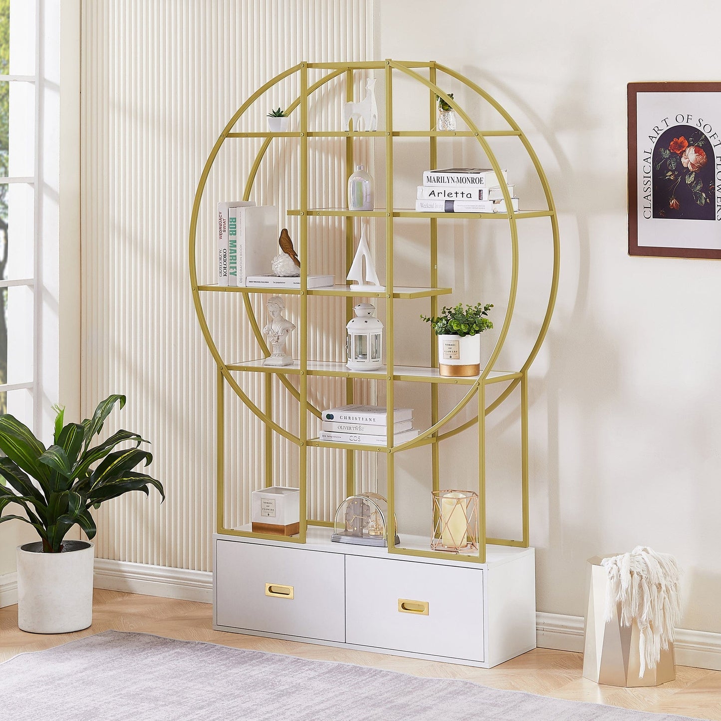 T & J Home Trends 70.8 Inch Round Office Bookcase Bookshelf, Display Shelf, Two Drawers, Gold Frame