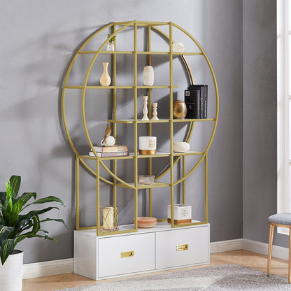 T & J Home Trends 70.8 Inch Round Office Bookcase Bookshelf, Display Shelf, Two Drawers, Gold Frame