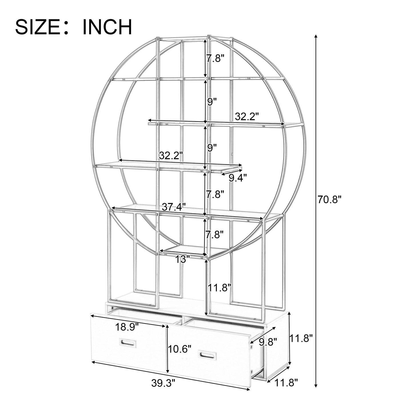 T & J Home Trends 70.8 Inch Round Office Bookcase Bookshelf, Display Shelf, Two Drawers, Gold Frame