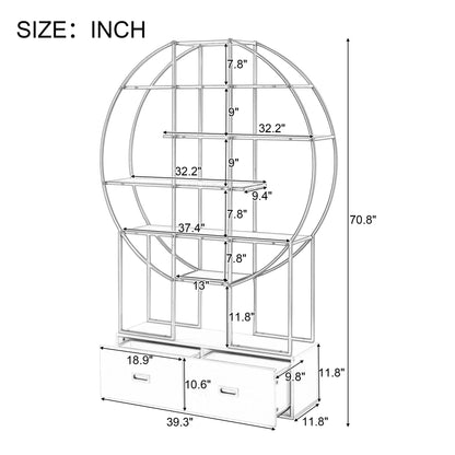 T & J Home Trends 70.8 Inch Round Office Bookcase Bookshelf, Display Shelf, Two Drawers, Gold Frame