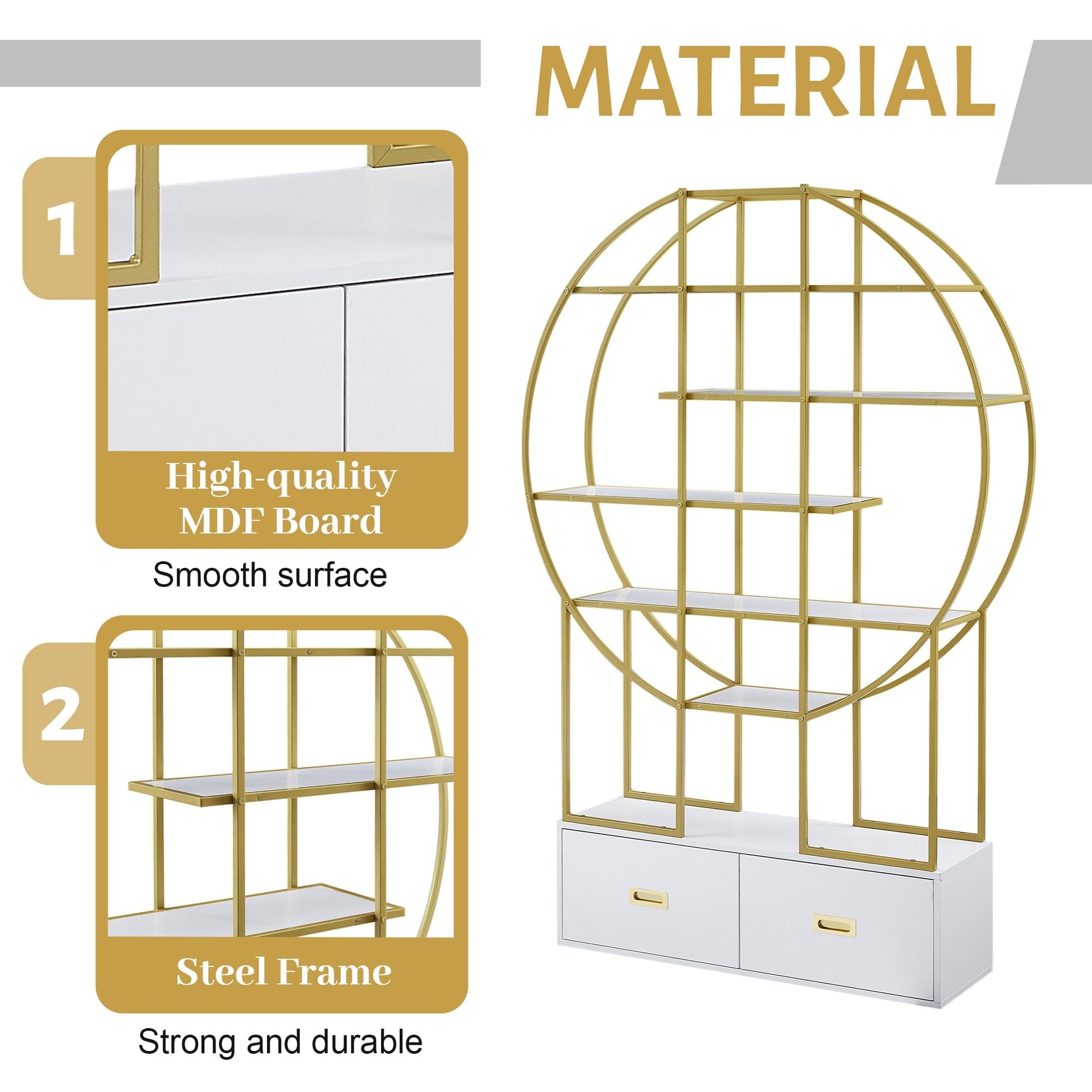 T & J Home Trends 70.8 Inch Round Office Bookcase Bookshelf, Display Shelf, Two Drawers, Gold Frame