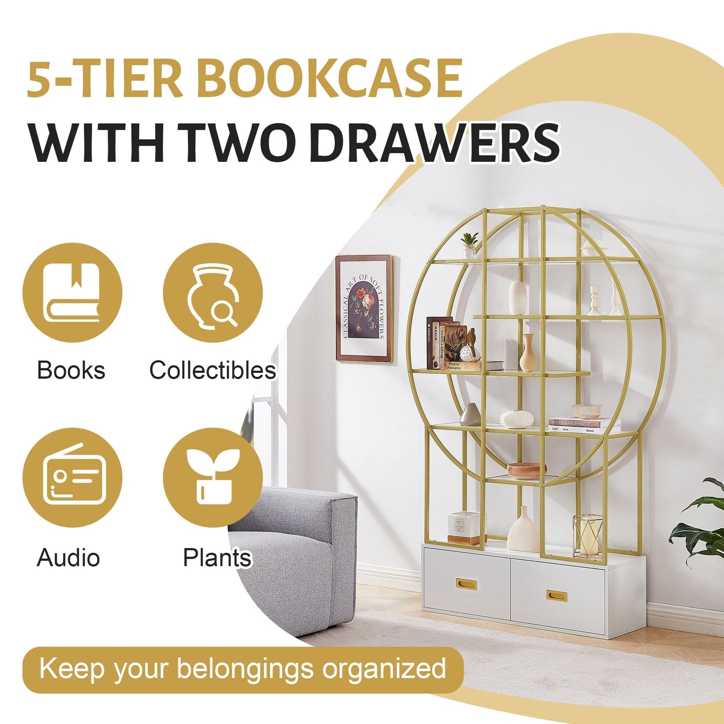 T & J Home Trends 70.8 Inch Round Office Bookcase Bookshelf, Display Shelf, Two Drawers, Gold Frame