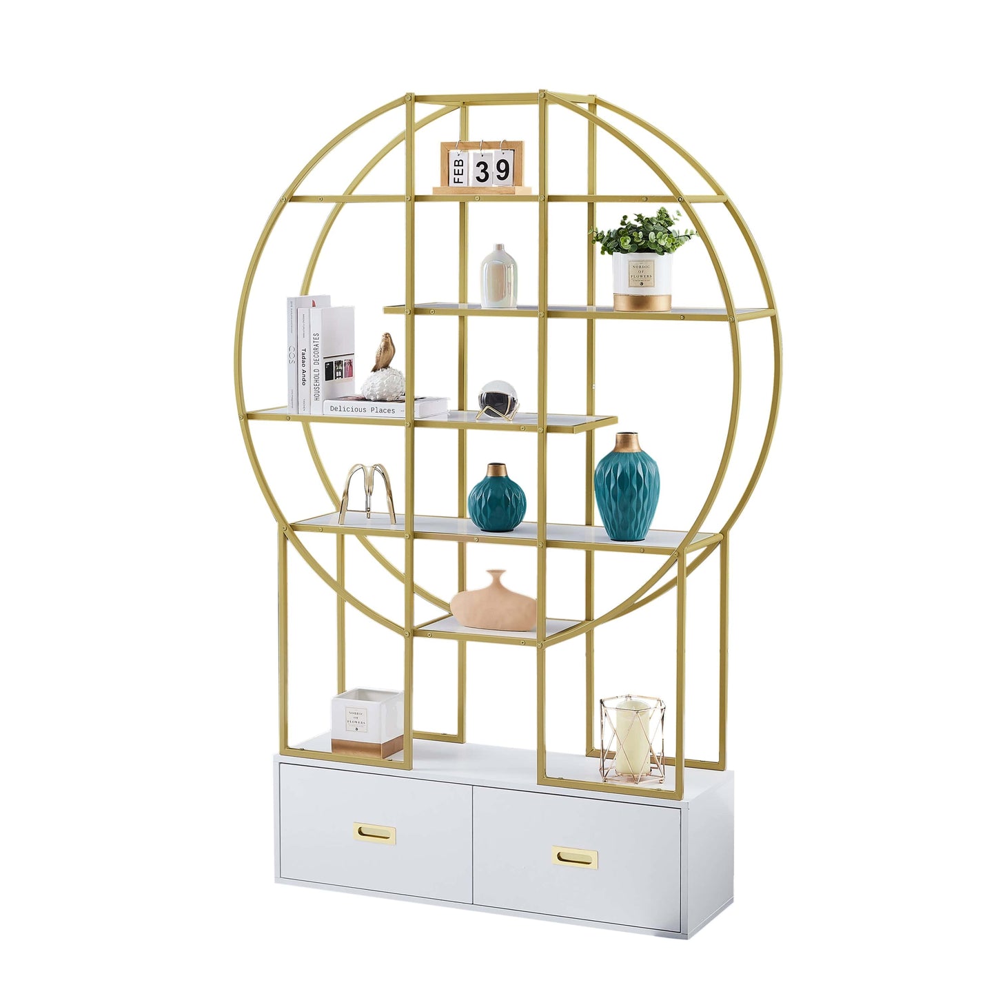 T & J Home Trends 70.8 Inch Round Office Bookcase Bookshelf, Display Shelf, Two Drawers, Gold Frame