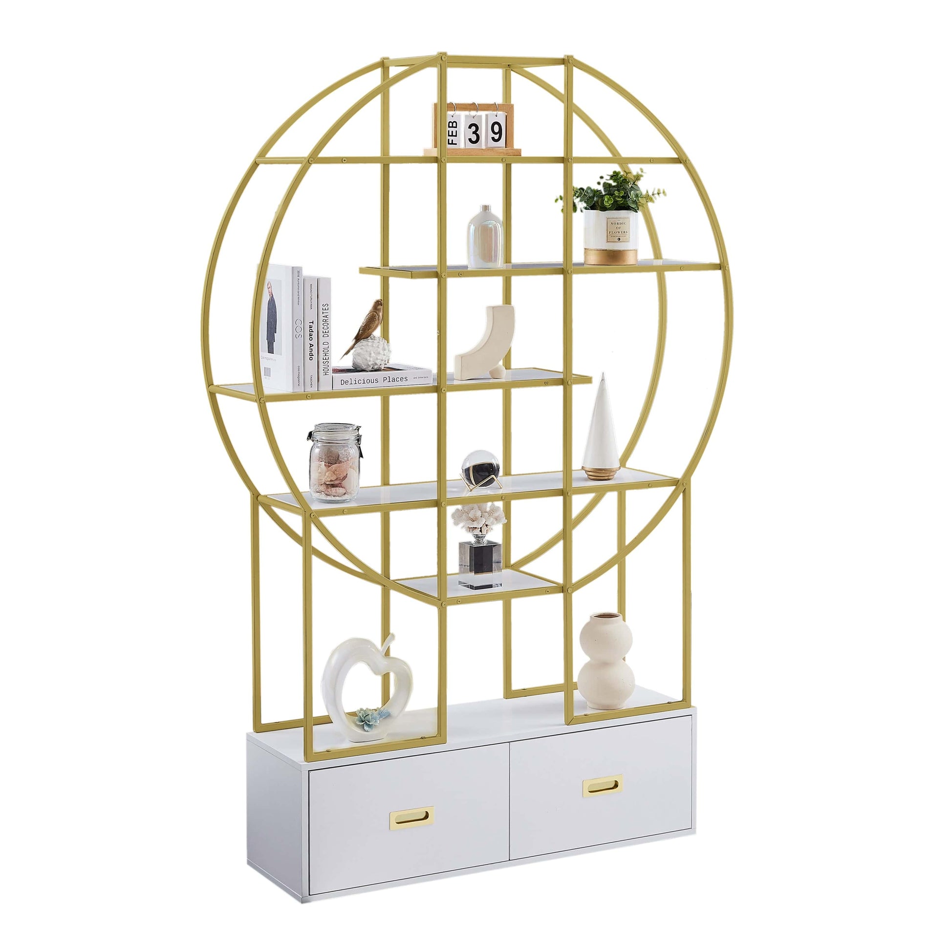 T & J Home Trends 70.8 Inch Round Office Bookcase Bookshelf, Display Shelf, Two Drawers, Gold Frame