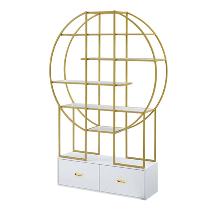 T & J Home Trends 70.8 Inch Round Office Bookcase Bookshelf, Display Shelf, Two Drawers, Gold Frame