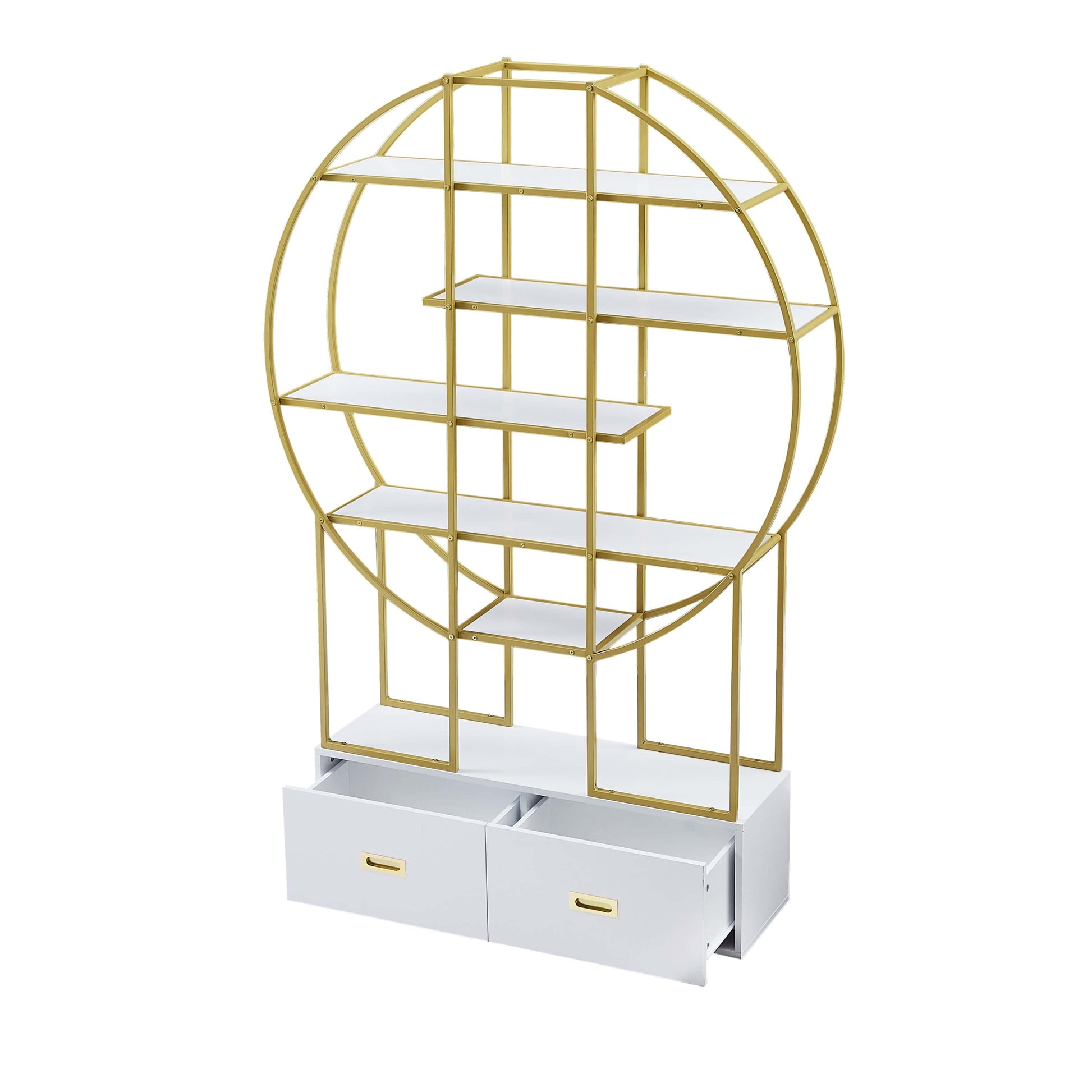 T & J Home Trends 70.8 Inch Round Office Bookcase Bookshelf, Display Shelf, Two Drawers, Gold Frame