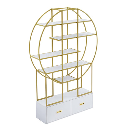 T & J Home Trends 70.8 Inch Round Office Bookcase Bookshelf, Display Shelf, Two Drawers, Gold Frame