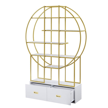 T & J Home Trends 70.8 Inch Round Office Bookcase Bookshelf, Display Shelf, Two Drawers, Gold Frame