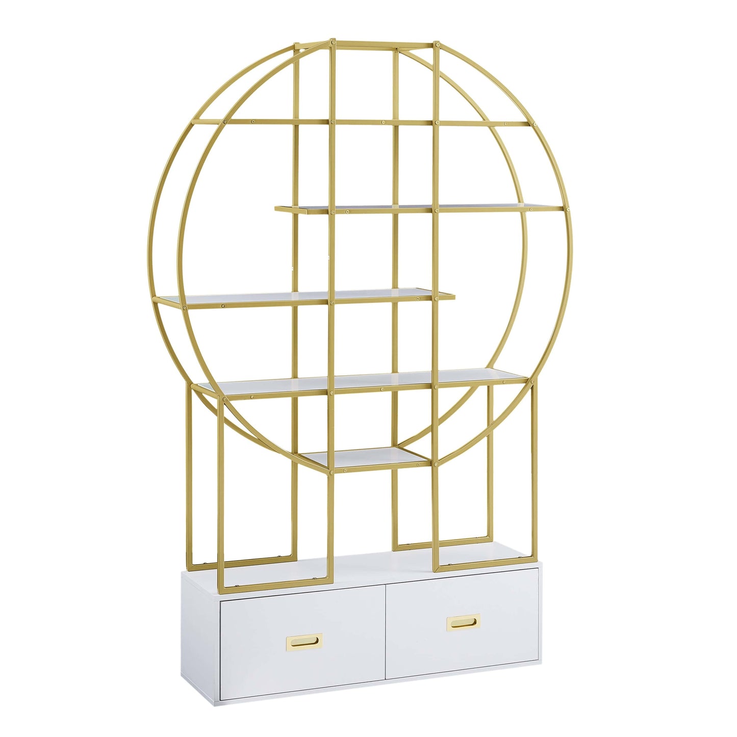 T & J Home Trends 70.8 Inch Round Office Bookcase Bookshelf, Display Shelf, Two Drawers, Gold Frame