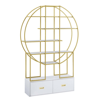 T & J Home Trends 70.8 Inch Round Office Bookcase Bookshelf, Display Shelf, Two Drawers, Gold Frame