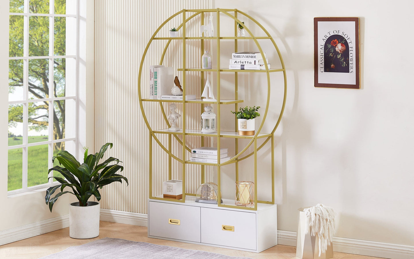 T & J Home Trends 70.8 Inch Round Office Bookcase Bookshelf, Display Shelf, Two Drawers, Gold Frame