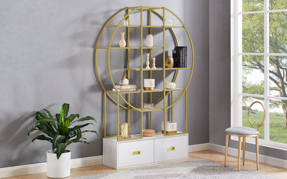 T & J Home Trends 70.8 Inch Round Office Bookcase Bookshelf, Display Shelf, Two Drawers, Gold Frame