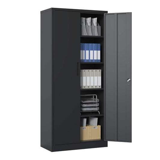 T & J Home Trends 71"H Metal Garage Storage Cabinet, Black Tool Steel Locking Cabinet with Doors and 4 Shelves, Tall Cabinets for Garage Storage Systems Lockable File Cabinet for Home Office, Classroom/Pantry