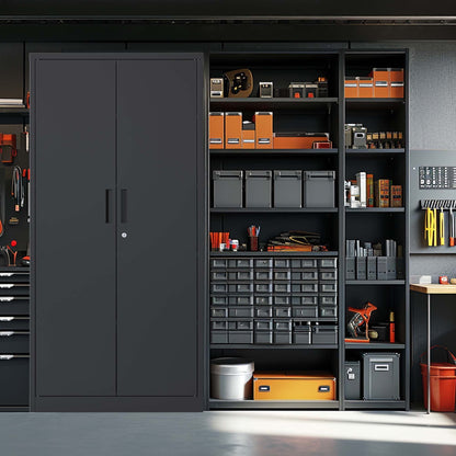 T & J Home Trends 71"H Metal Garage Storage Cabinet, Black Tool Steel Locking Cabinet with Doors and 4 Shelves, Tall Cabinets for Garage Storage Systems Lockable File Cabinet for Home Office, Classroom/Pantry