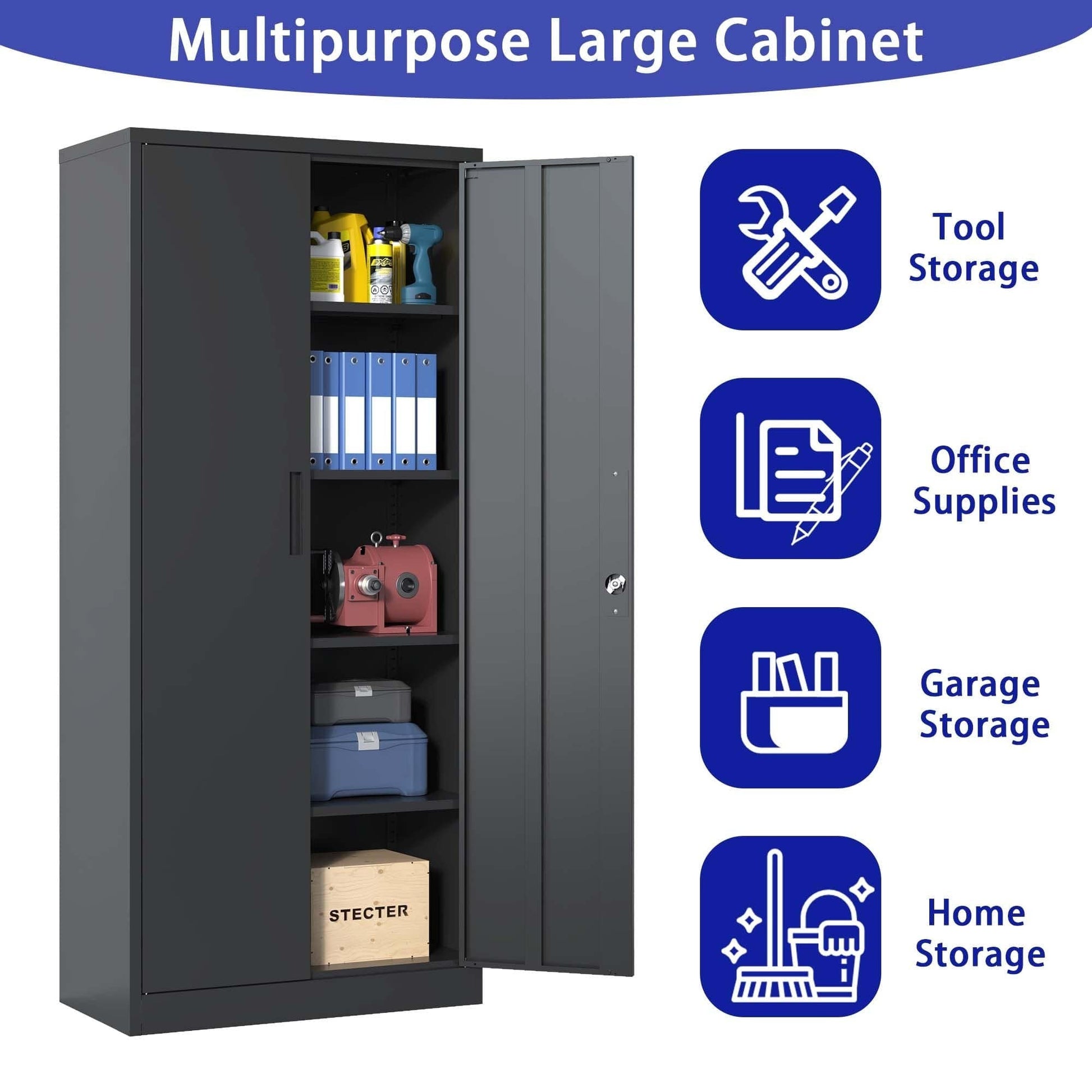 T & J Home Trends 71"H Metal Garage Storage Cabinet, Black Tool Steel Locking Cabinet with Doors and 4 Shelves, Tall Cabinets for Garage Storage Systems Lockable File Cabinet for Home Office, Classroom/Pantry