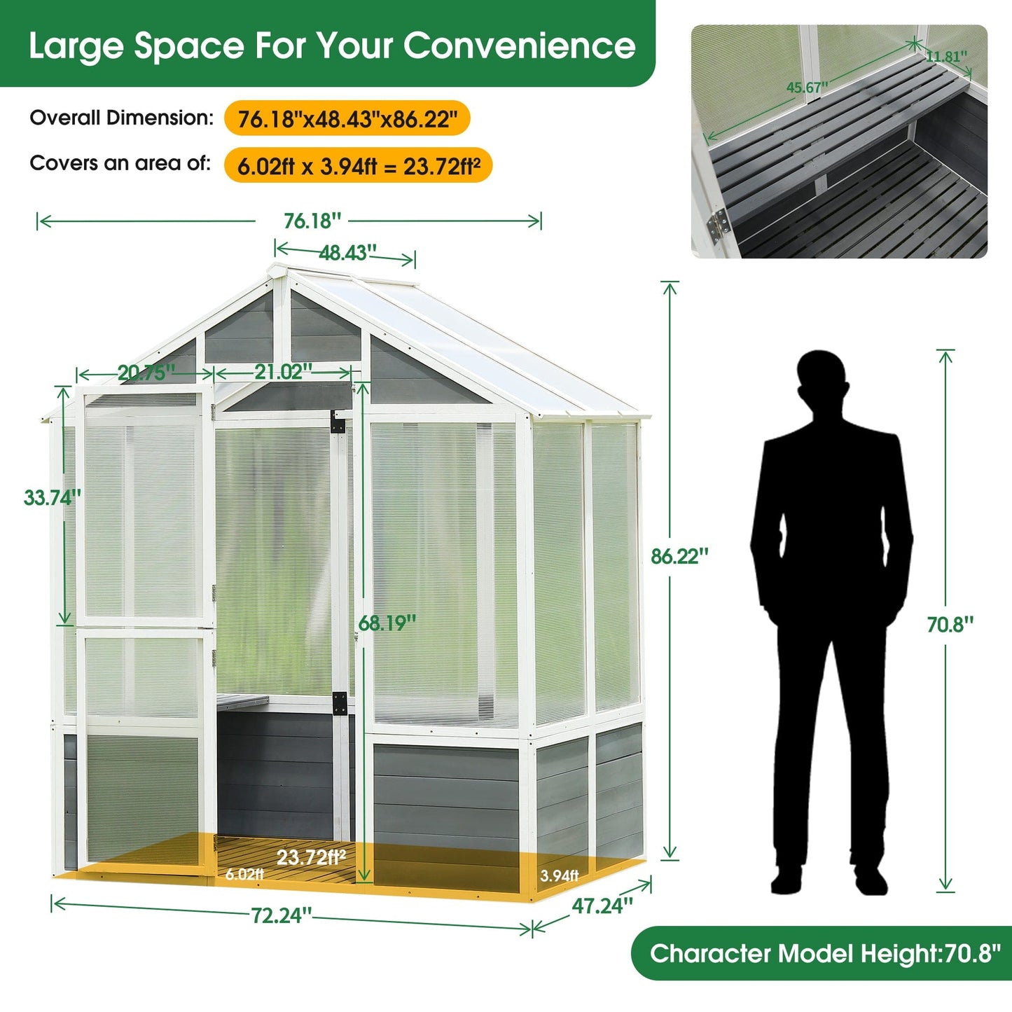 T & J Home Trends 76''x48''x86'' Polycarbonate Greenhouse, Walk-in Outdoor Plant Gardening Greenhouse for Patio Backyard Lawn, Cold Frame Wooden Greenhouse Garden Shed for Plants, Grow House with Front Entry Door