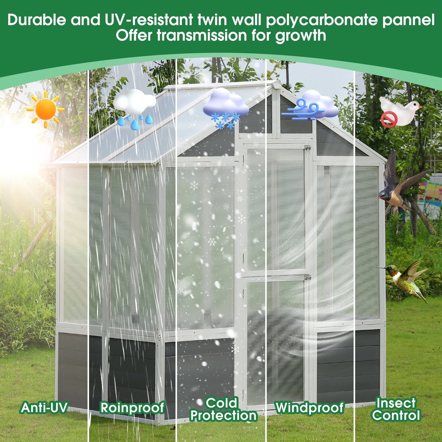 T & J Home Trends 76''x48''x86'' Polycarbonate Greenhouse, Walk-in Outdoor Plant Gardening Greenhouse for Patio Backyard Lawn, Cold Frame Wooden Greenhouse Garden Shed for Plants, Grow House with Front Entry Door