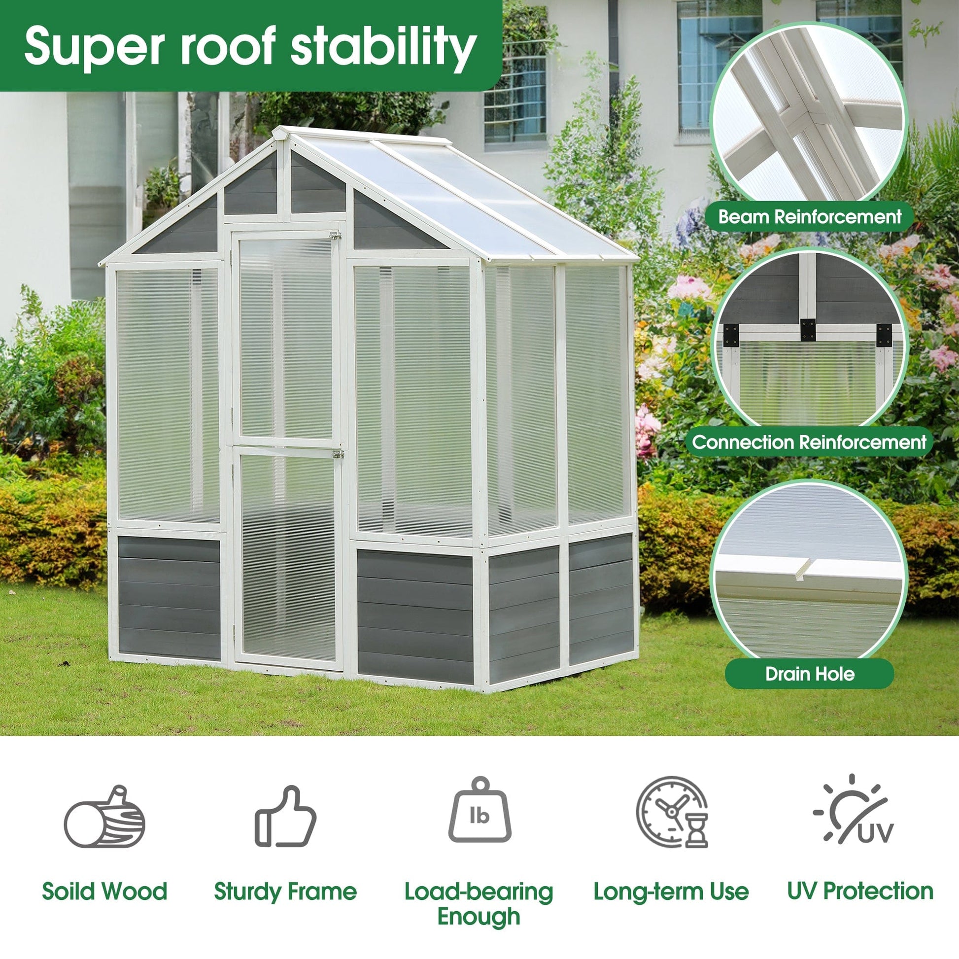 T & J Home Trends 76''x48''x86'' Polycarbonate Greenhouse, Walk-in Outdoor Plant Gardening Greenhouse for Patio Backyard Lawn, Cold Frame Wooden Greenhouse Garden Shed for Plants, Grow House with Front Entry Door