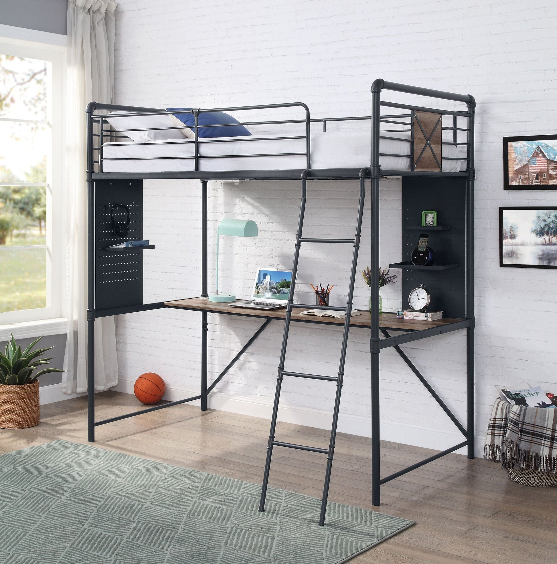 T & J Home Trends ACME Cordelia Twin Loft Bed w/Desk in Antique Oak, Sandy Black & Dark Bronze Hand-Brushed Finish 38310