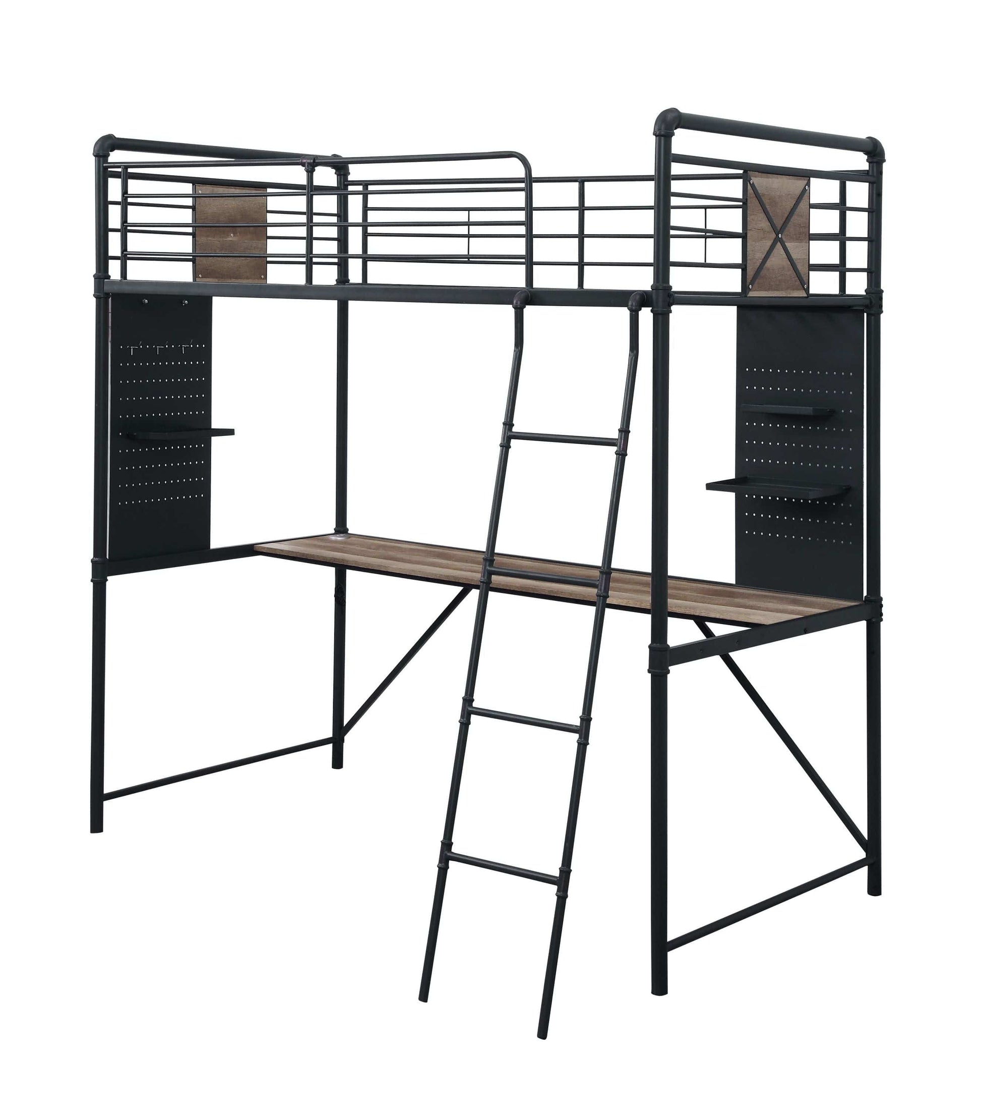 T & J Home Trends ACME Cordelia Twin Loft Bed w/Desk in Antique Oak, Sandy Black & Dark Bronze Hand-Brushed Finish 38310