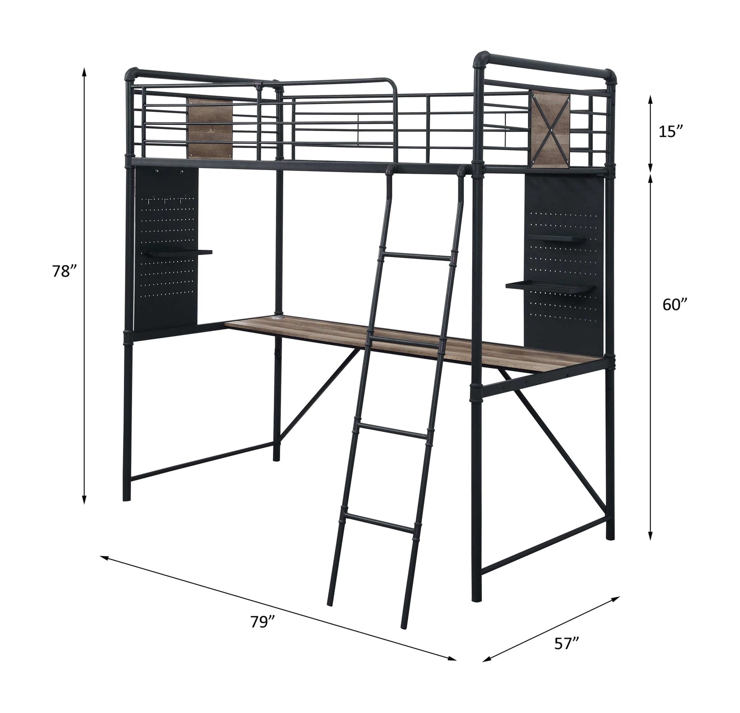 T & J Home Trends ACME Cordelia Twin Loft Bed w/Desk in Antique Oak, Sandy Black & Dark Bronze Hand-Brushed Finish 38310