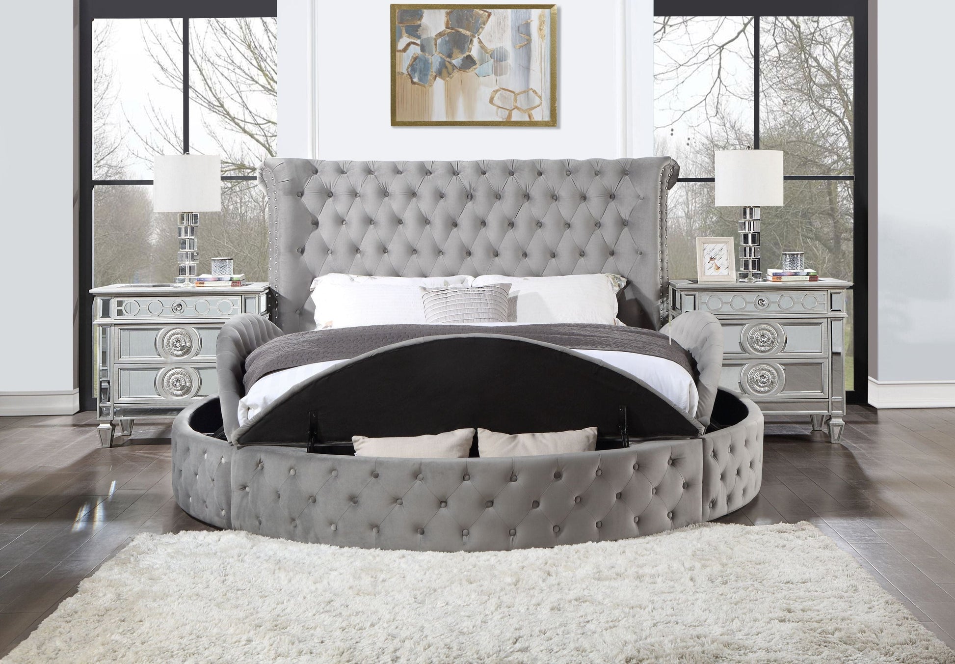 T & J Home Trends ACME Gaiva Eastern King Bed w/Storage, Gray Velvet BD00966EK