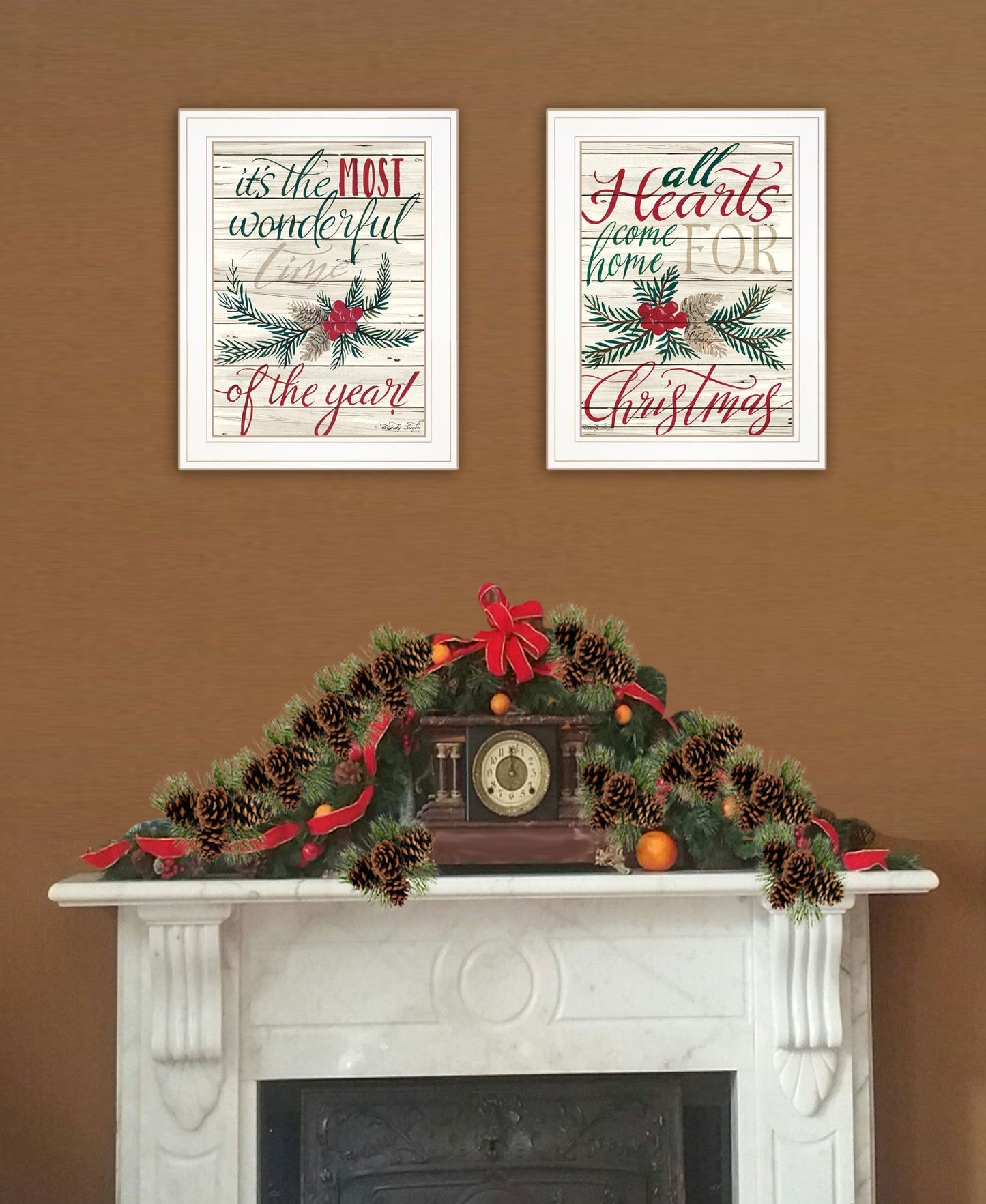 T & J Home Trends "All Hearts Come Home for Christmas" 2-Piece Vignette by Artisan Cindy Jacobs, Ready to Hang Framed Print, White Frame