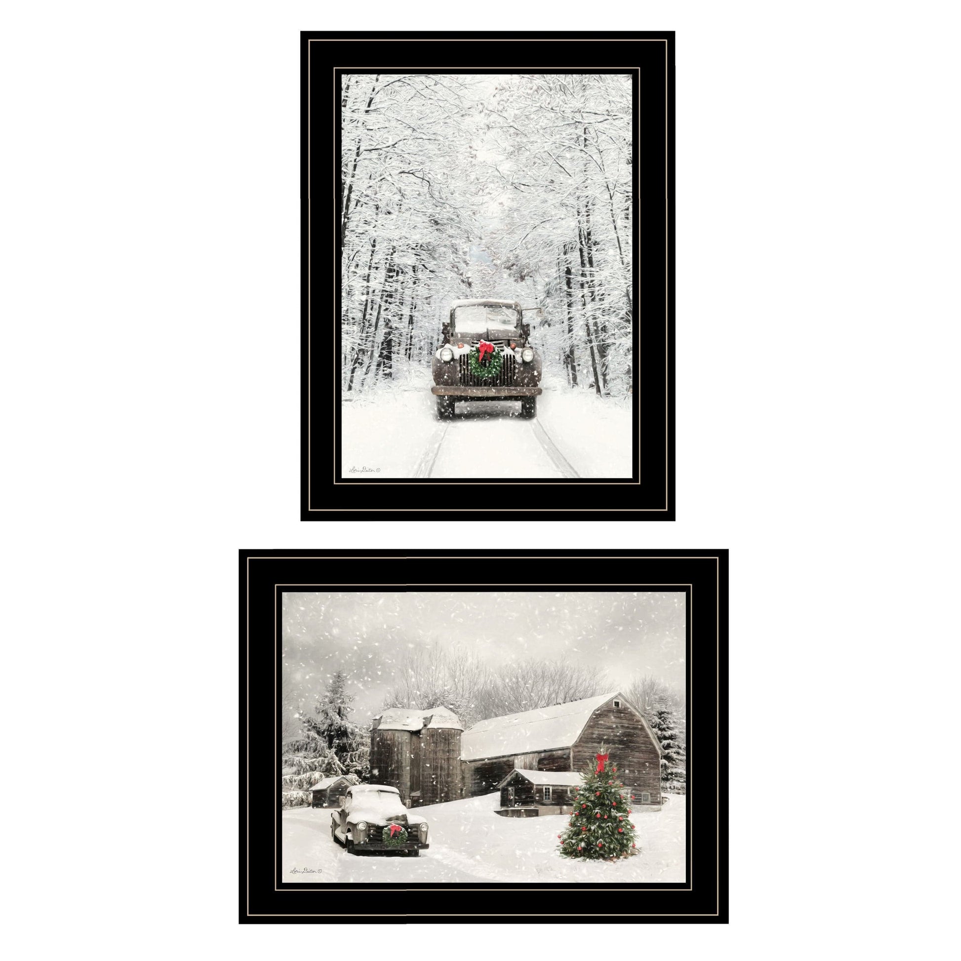 T & J Home Trends "Antique Christmas" 2-Piece Vignette by Lori Deiter, Black Frame